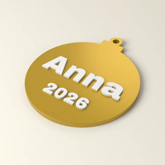Weihnachtsanhänger mit Name und Jahr in Gold (Rendering)