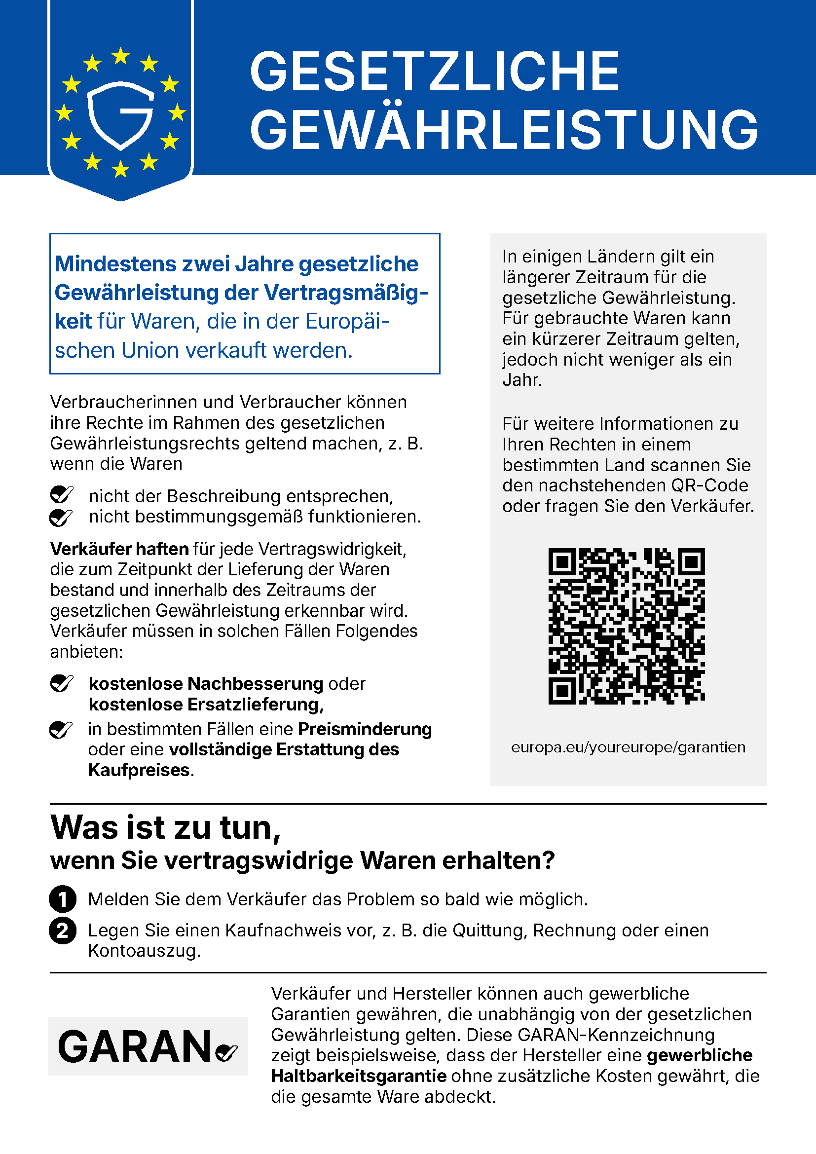 EU-Hinweis Gesetzliche Gewährleistung: Mindestens zwei Jahre gesetzliche Gewährleistung der Vertragsmäßigkeit für Waren, die in der Europäischen Union verkauft werden.